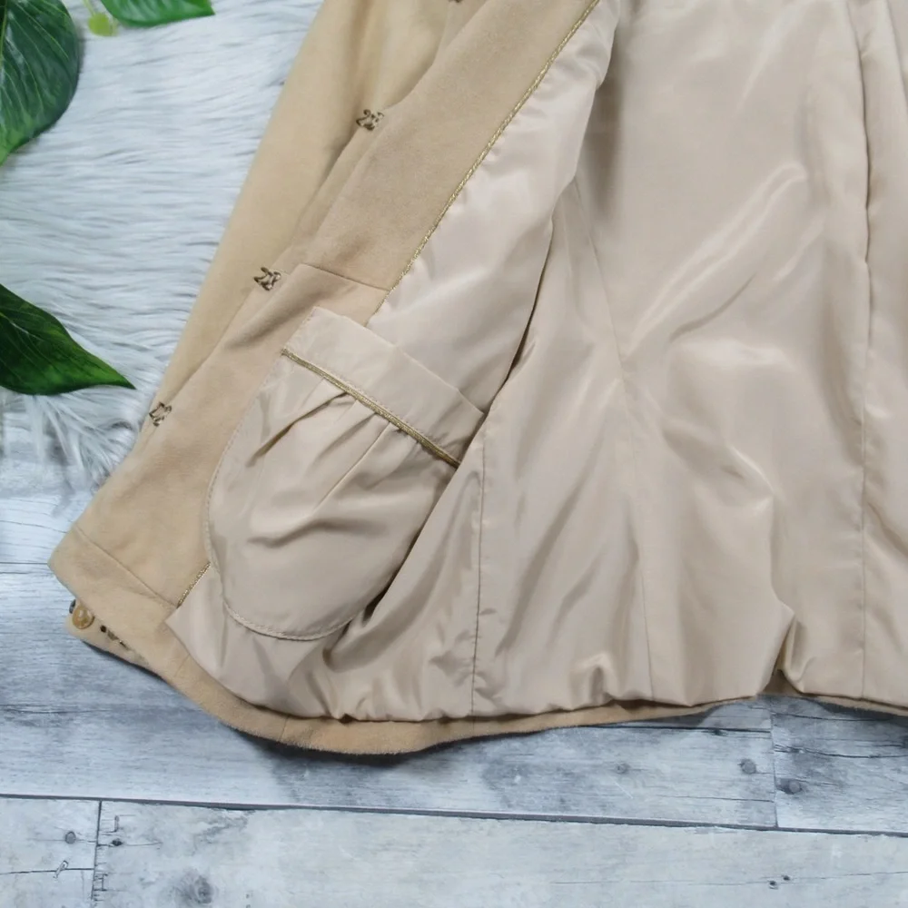 COLE HAAN Tan Suede Beaded Cropped Jacket 3/4 Sleeve Women’s Size Small